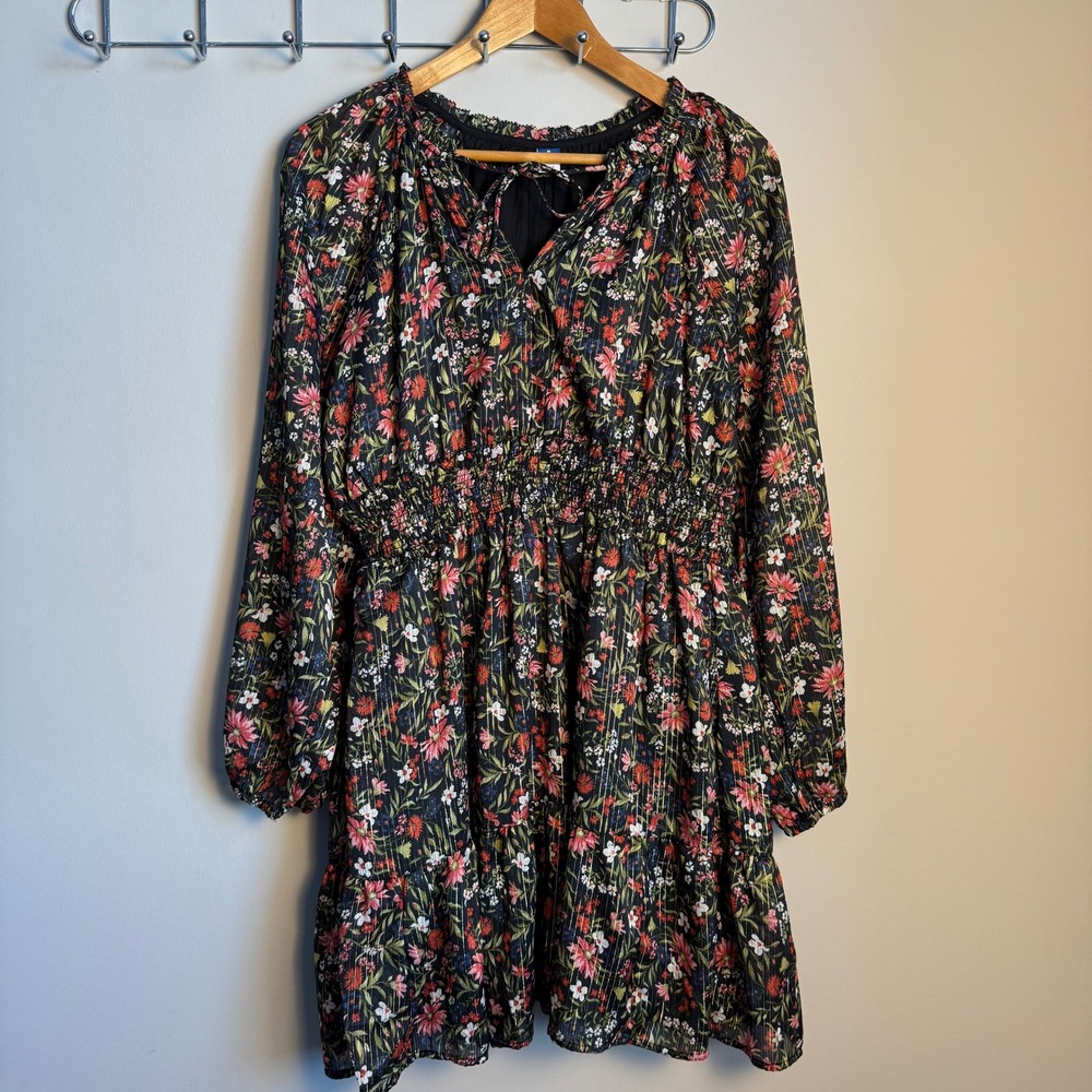 Old Navy Dark Floral Long Sleeve Chiffon Smocked Waist Mini Dress Medium‎ Tiered